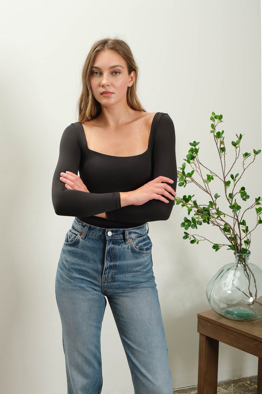 The Blu Long Sleeve Knit Bodysuit- Black